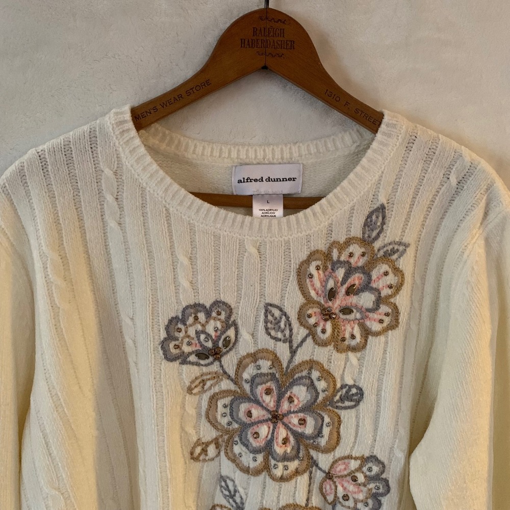 Alfred‎ Dunner Cream Floral Embroidered Cable Knit Sweater Womens Large Beaded - Picture 2 of 8